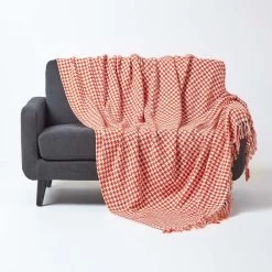 Orange Houndstooth 100% Cotton Bedspread Throw, 255cm X 360cm