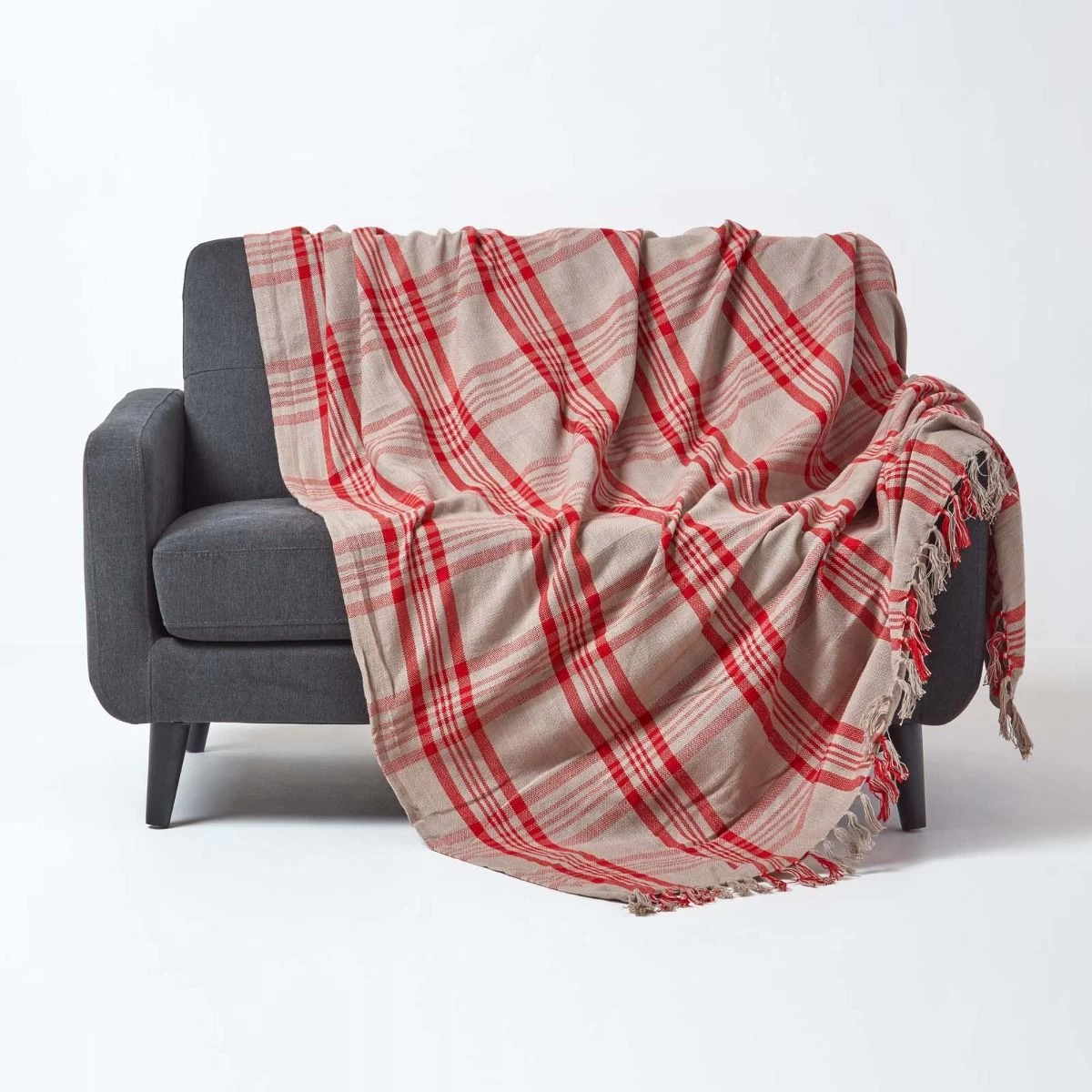 Grey & Red Tartan Check Sofa And Bed Throw