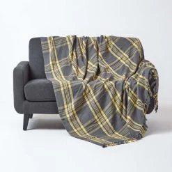 Grey & Yellow Tartan Check Sofa And Bed Throw