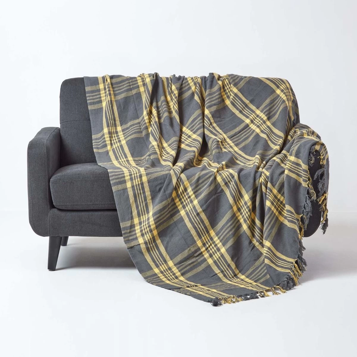 Grey & Yellow Tartan Check Sofa And Bed Throw