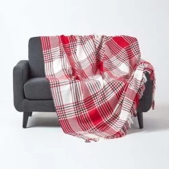 Red Tartan Check Sofa And Bed Throw