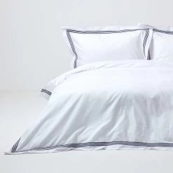 Plain White Duvet Cover Set With Navy Border
