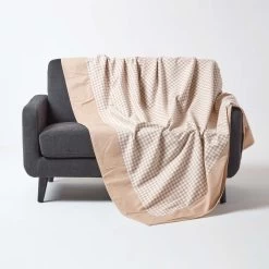 Cotton Gingham Check Beige Throw, 150 X 200 Cm