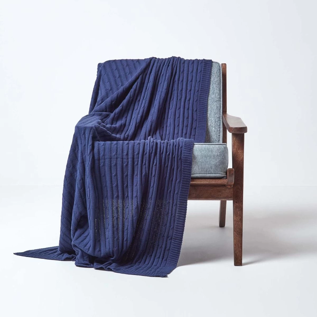 Cotton Cable Knit Navy Blue Throw - Image 2