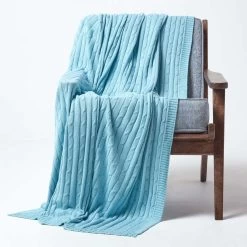 Cotton Cable Knit Pastel Blue Throw