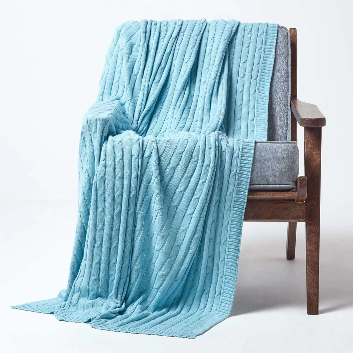 Cotton Cable Knit Pastel Blue Throw