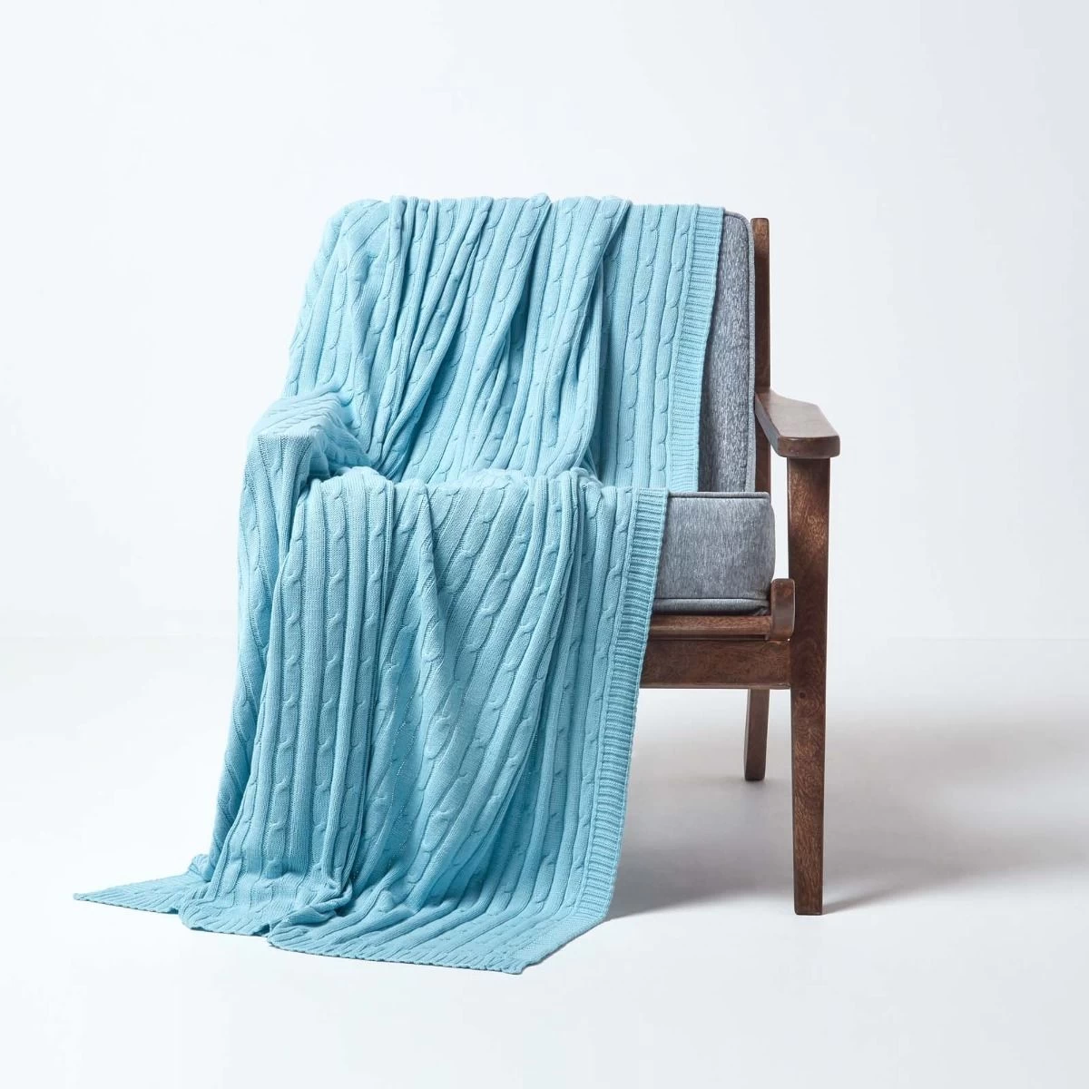 Cotton Cable Knit Pastel Blue Throw - Image 2
