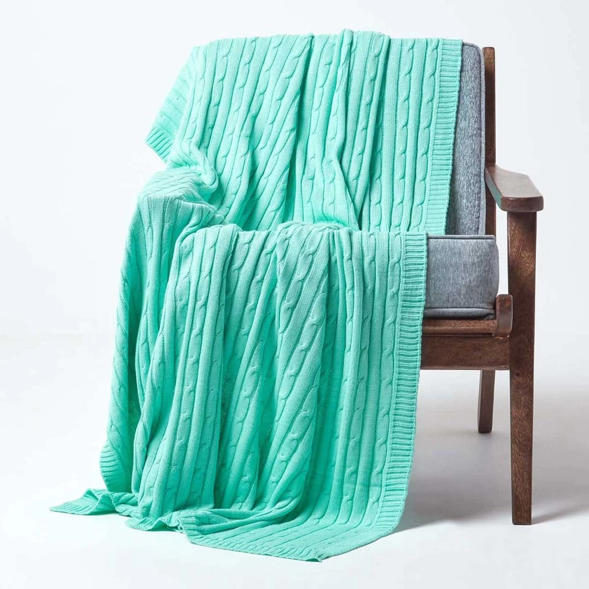 Cotton Cable Knit Pastel Green Throw