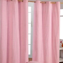 Cotton Gingham Check Pink Ready Made Eyelet Curtains