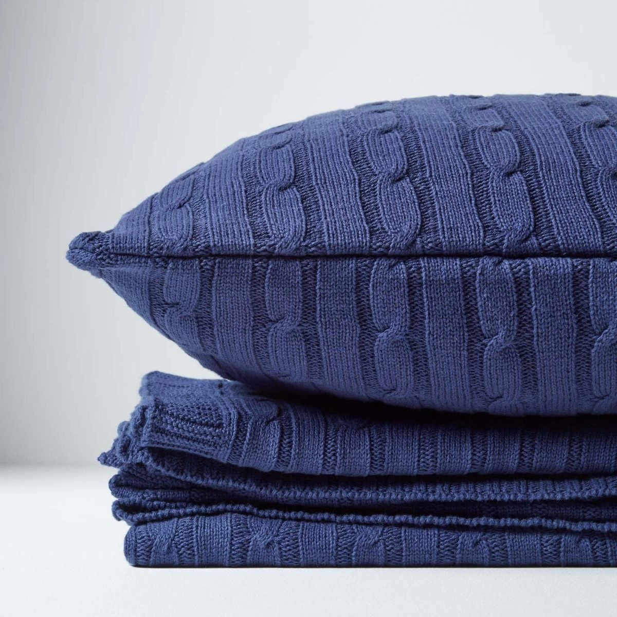 Cotton Cable Knit Navy Blue Throw - Image 7