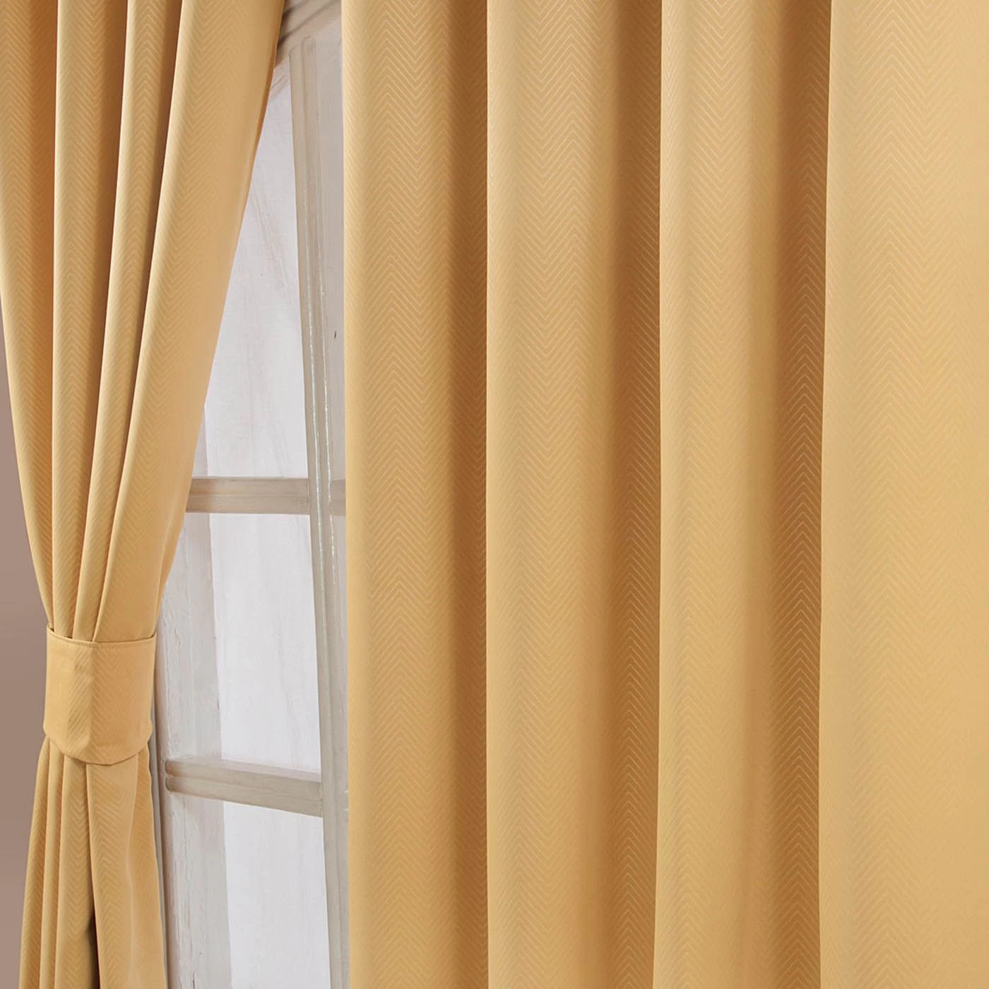 Yellow Herringbone Chevron Blackout Thermal Curtains Pair Eyelet Style - Image 2