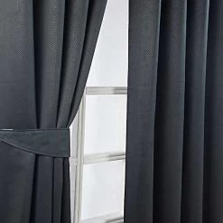 Black Herringbone Chevron Blackout Thermal Curtains Pair Eyelet Style