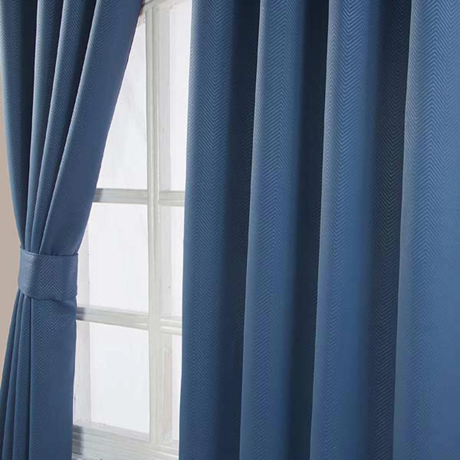 Navy Blue Herringbone Chevron Blackout Thermal Curtains Eyelet Style