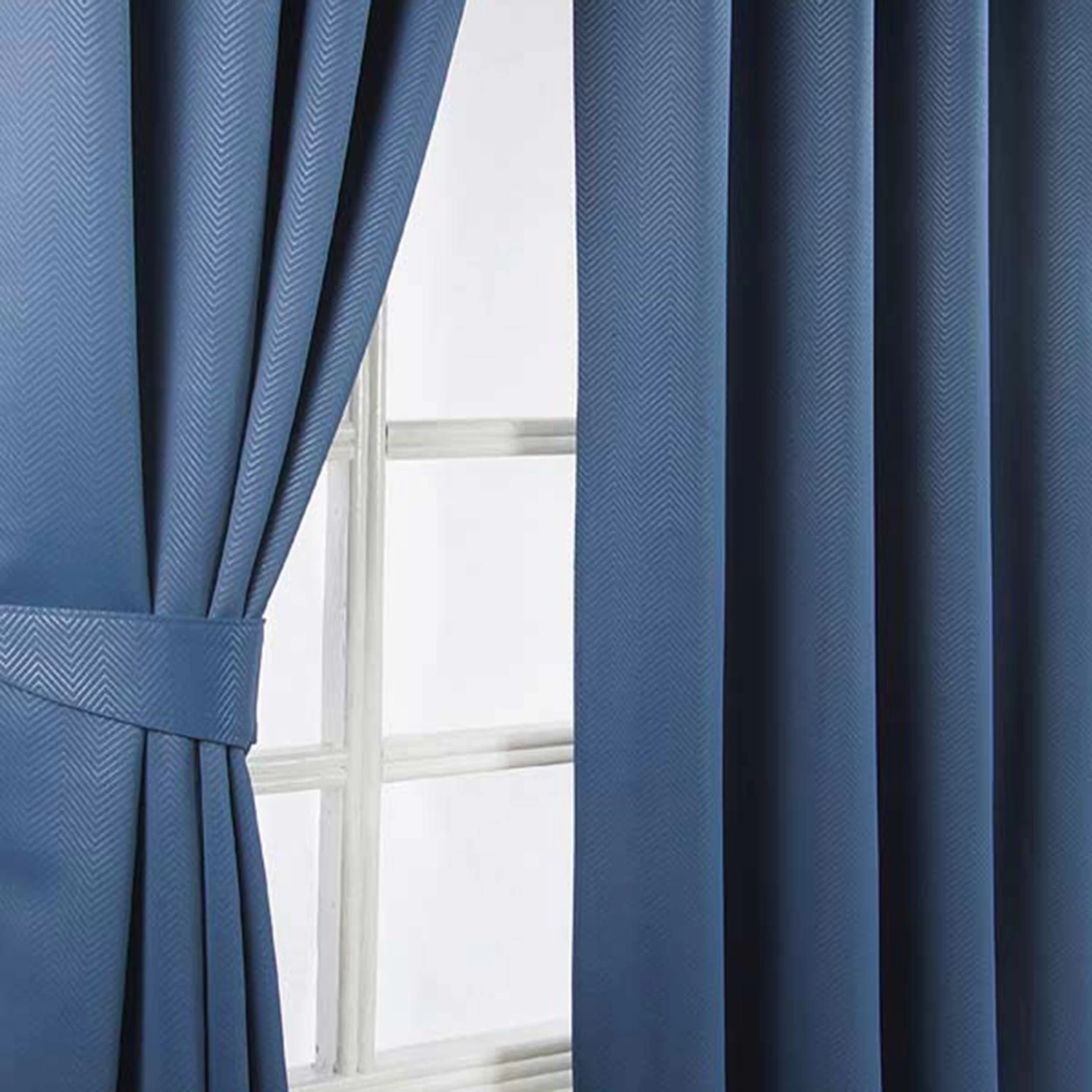 Navy Blue Herringbone Chevron Blackout Thermal Curtains Eyelet Style - Image 2