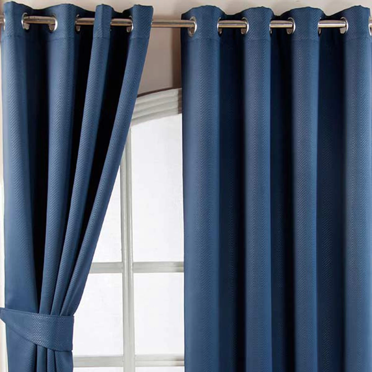 Navy Blue Herringbone Chevron Blackout Thermal Curtains Eyelet Style - Image 4