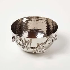 Large Silver Floral Decorative Bowl With Silver Orchid, 24.5 X 22.5cm