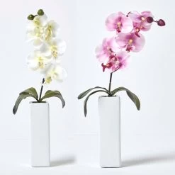 Set Of 2 Artificial Pink & Cream Orchids In Thin Cream Vases, 43 Cm