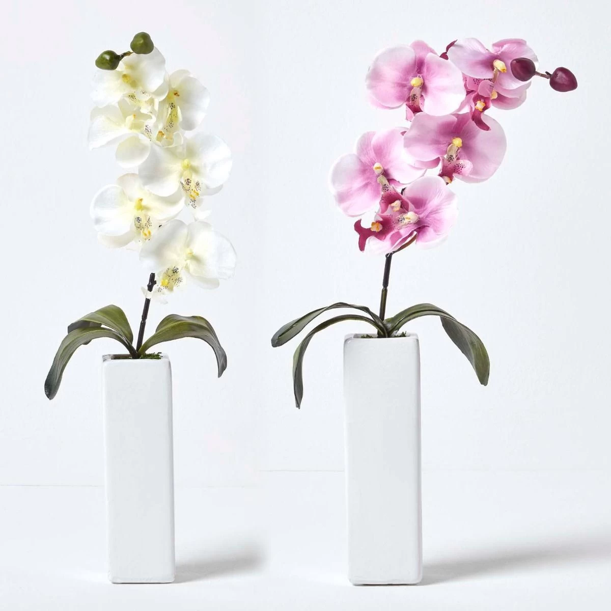Set Of 2 Artificial Pink & Cream Orchids In Thin Cream Vases, 43 Cm