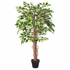 Variegated Green Artificial Ficus Tree With Real Wood Trunk, 4 Ft