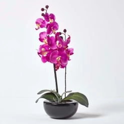 Oriental Style Cerise Orchids In Black Bowl