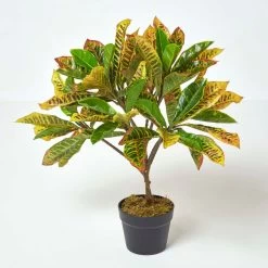 Green 'Rushfoil' Artificial Croton Plant With Pot, 65 Cm