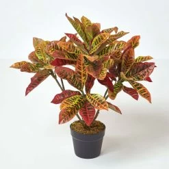 Red 'Rushfoil' Artificial Croton Plant With Pot, 65 Cm