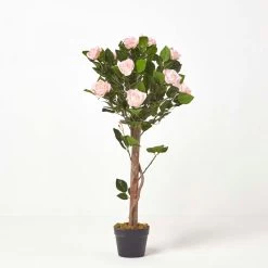 Pink Potted Rose Tree Artificial Plant With Lifelike Green Leaves And Single Trunk, 90 Cm