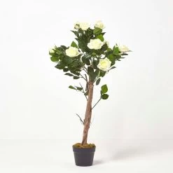 White Potted Rose Tree Artificial Plant With Lifelike Green Leaves And Single Trunk, 90 Cm