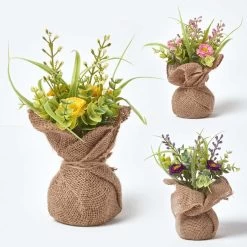Set Of 3 Pink, Purple & Yellow Artificial Daisies In Rustic Burlap Pots