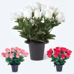 Set Of 3 Red, Pink & White Rose And Gypsophila Artificial Flowers In Grave Vases