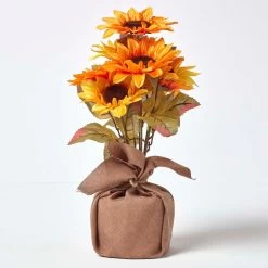 Yellow And Golden Artificial Sunflower Arrangement In Burlap Pot