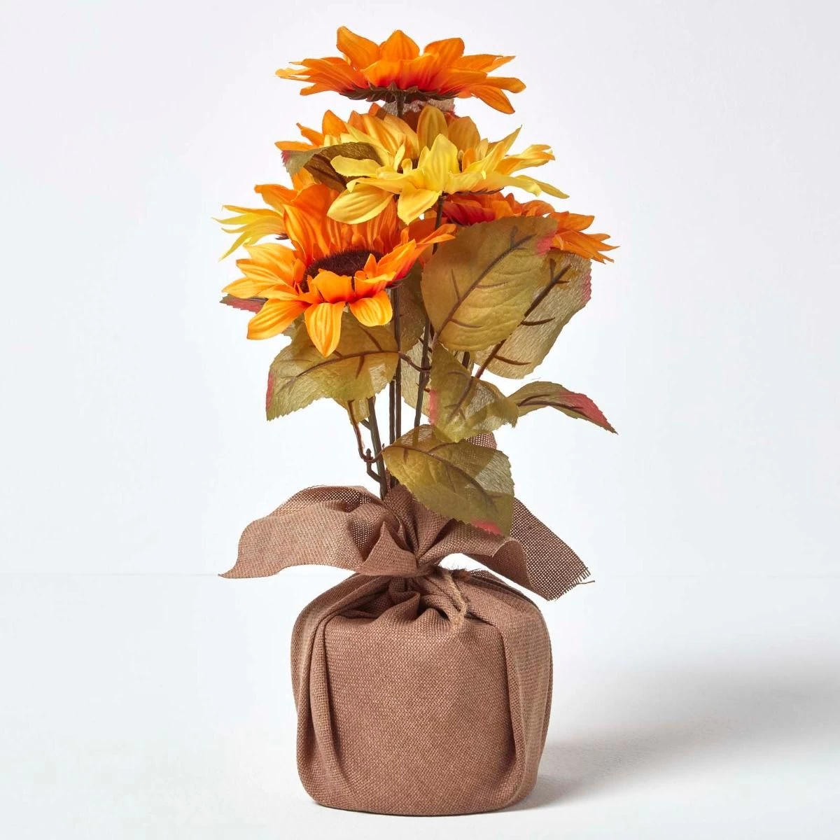 Yellow And Golden Artificial Sunflower Arrangement In Burlap Pot - Image 5