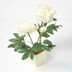 Cream Artificial Peonies In Decorative Cream Pot, 48 Cm Tall