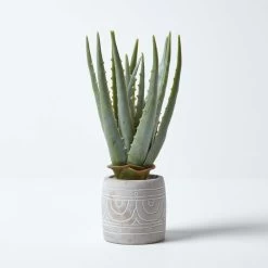 Aloe Vera Artificial Succulent In Decorative Stone Pot, 34 Cm Tall