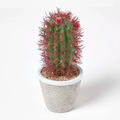 Denmoza Artificial Cactus With Flowers In Patterned Pot, 25 Cm Tall
