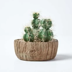 Echinocactus Artificial Cactus In Round Wooden Planter, 15 Cm Tall