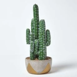 Saguaro Artificial Cactus In Geometric Stone Pot, 51 Cm Tall