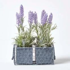 Artificial Lavender Plants In Vintage Wire Pot With Handles, 23 Cm Tall