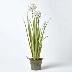 Artificial White Allium Plant In Rustic Grey Zinc Pot, 84 Cm Tall