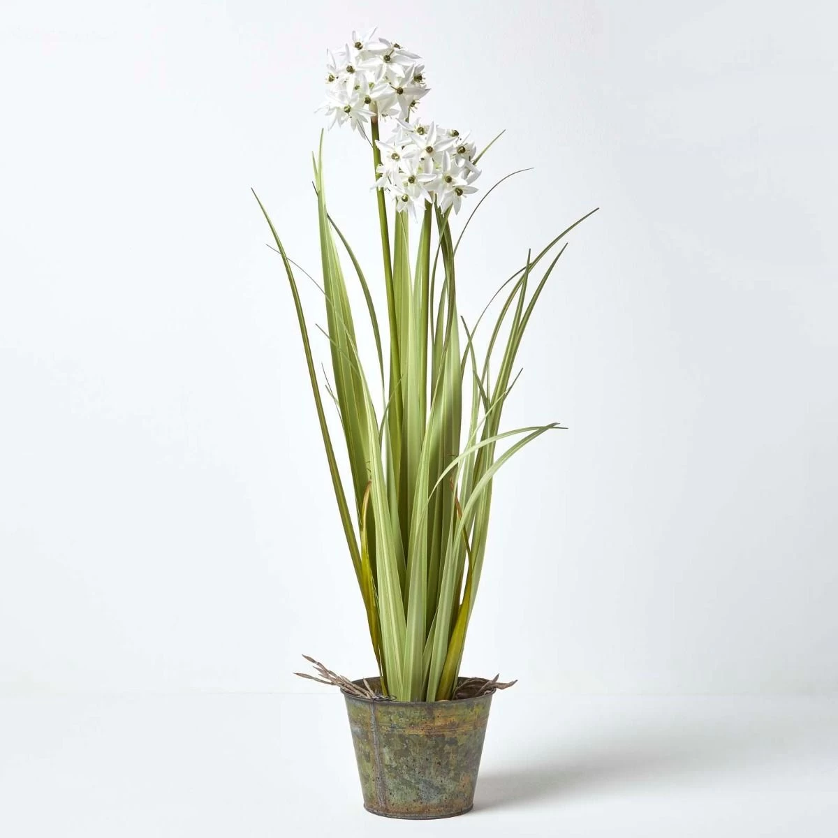 Artificial White Allium Plant In Rustic Grey Zinc Pot, 84 Cm Tall