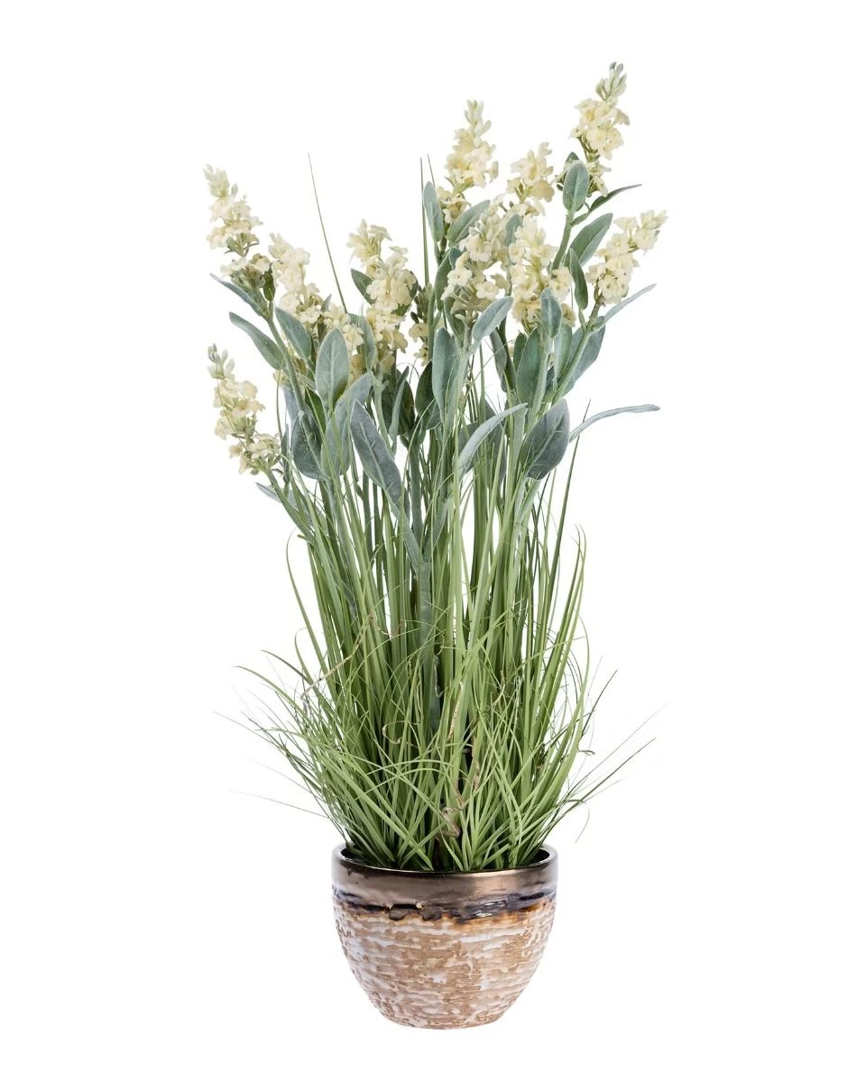 Artificial White Lavender Plant In Decorative Metallic Ceramic Pot, 66 Cm Tall