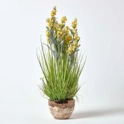 Artificial Yellow Lavender Plant In Decorative Metallic Ceramic Pot, 66 Cm Tall