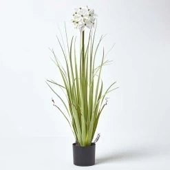 Artificial White Allium Plant In Round Black Pot, 71 Cm Tall