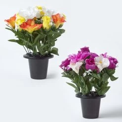 Set Of 2 Purple, Orange & White Roses & Peonies Artificial Flowers In Grave Vases
