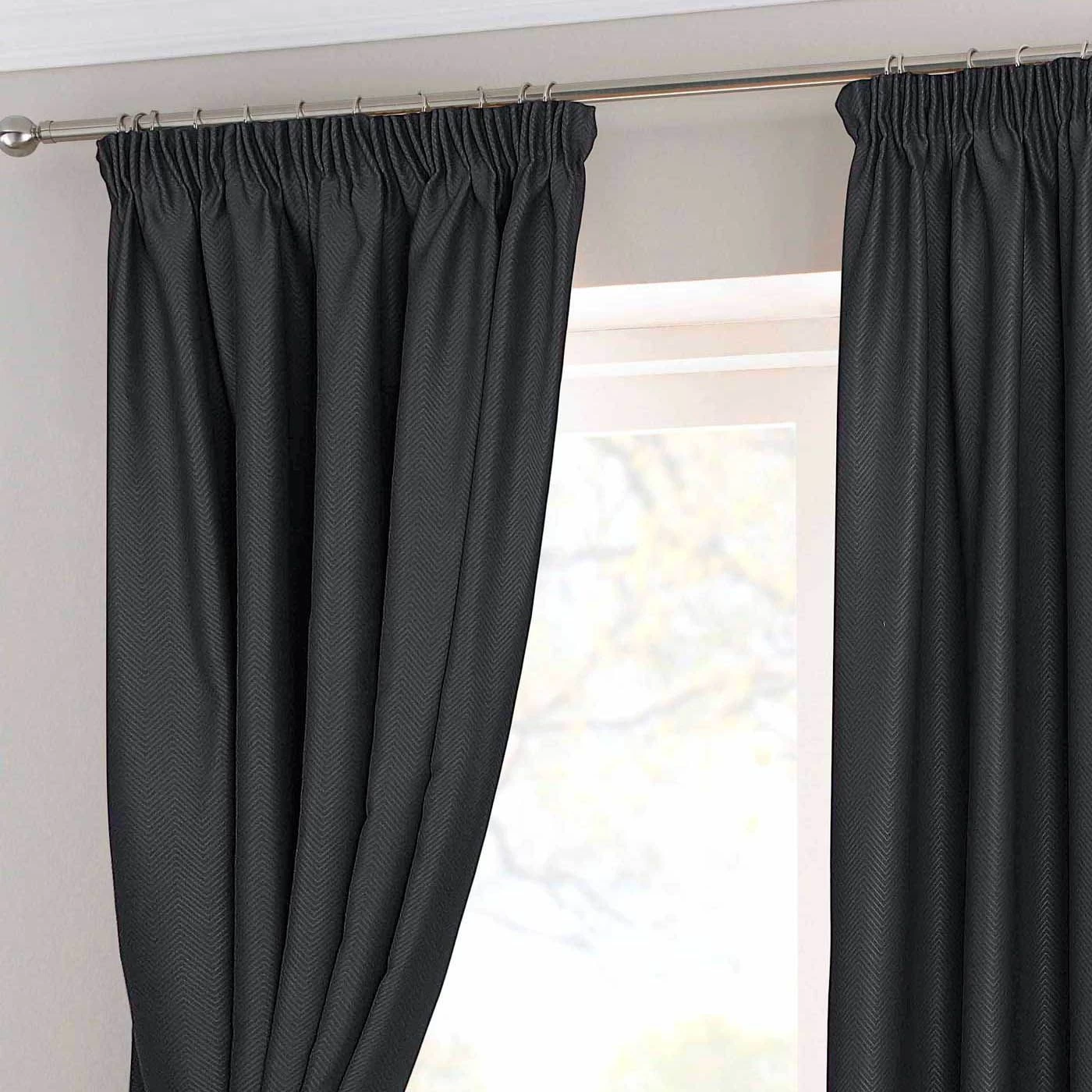 Black Herringbone Chevron Thermal Blackout Curtains Pair Pencil Pleat - Image 2