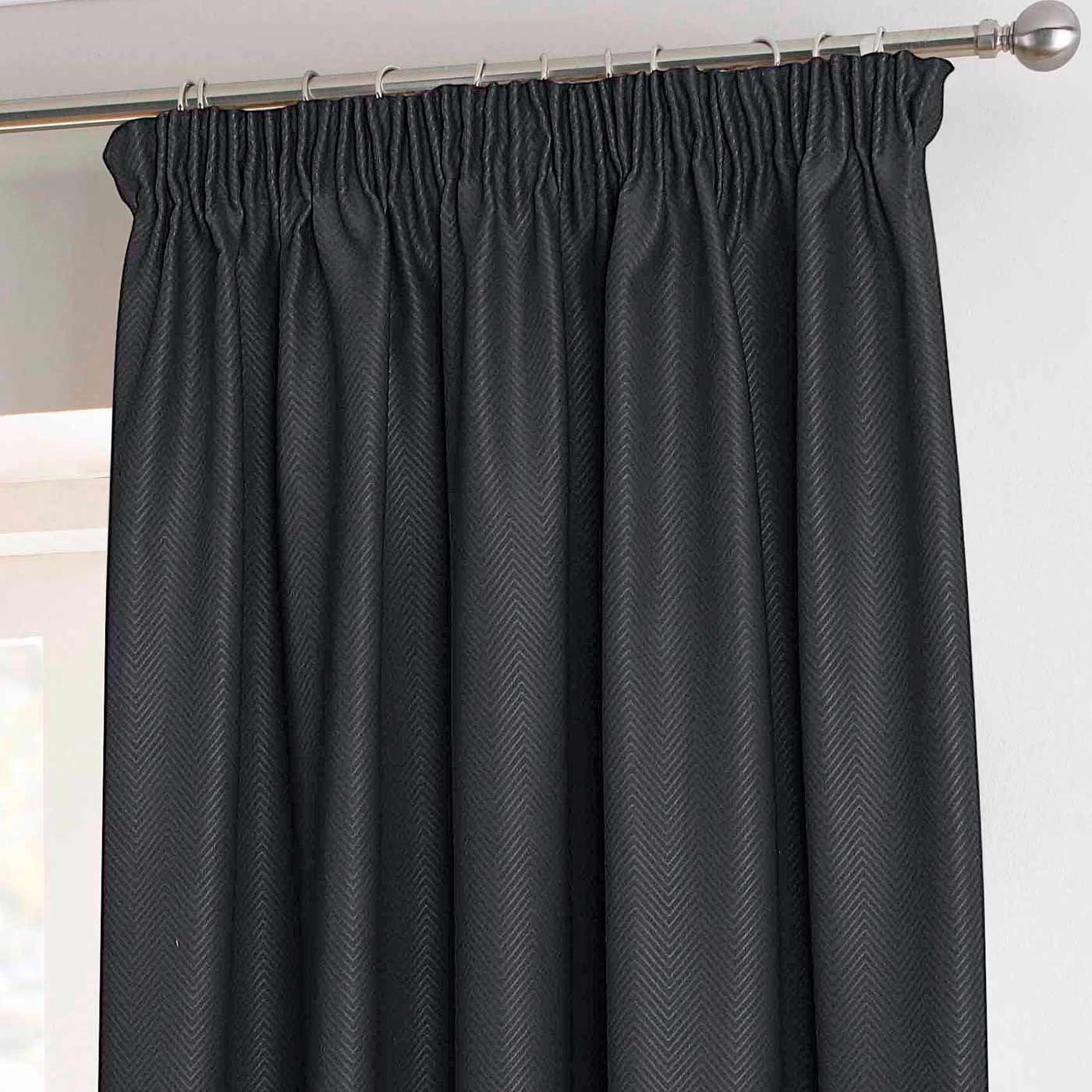 Black Herringbone Chevron Thermal Blackout Curtains Pair Pencil Pleat - Image 3
