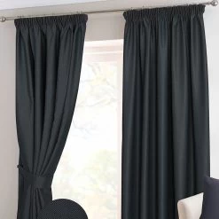 Black Herringbone Chevron Thermal Blackout Curtains Pair Pencil Pleat