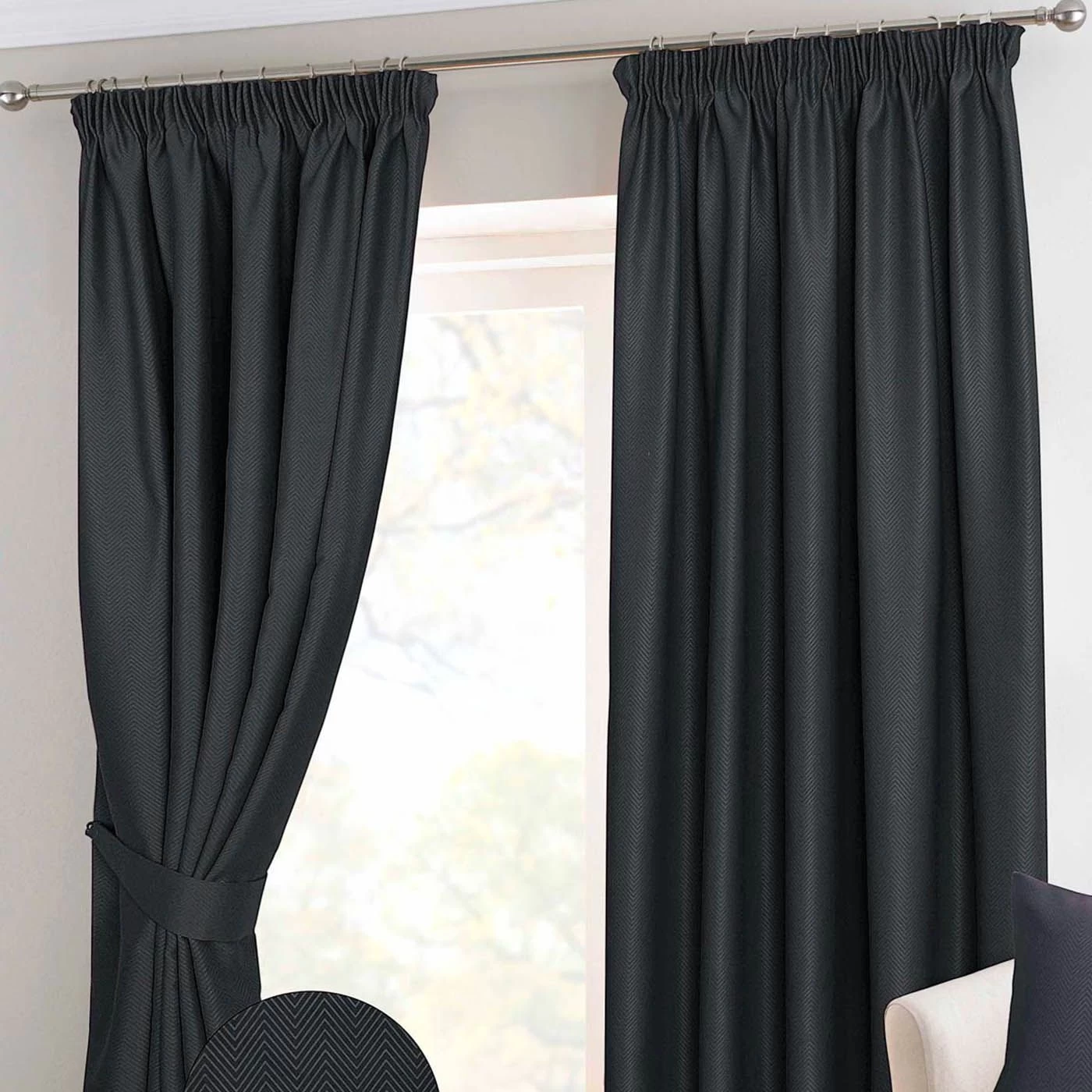 Black Herringbone Chevron Thermal Blackout Curtains Pair Pencil Pleat