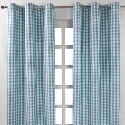 Cotton Blue Block Check Gingham Ready Made Eyelet Curtains