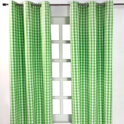 Cotton Green Block Check Gingham Ready Made Eyelet Curtains
